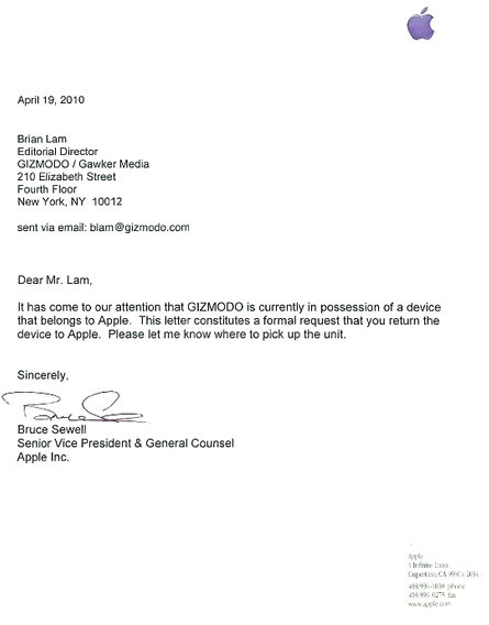 Hereâ€™s the letter Apple sent to Gizmodo: