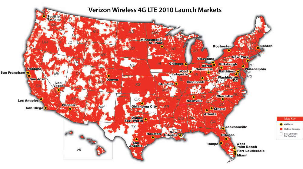 Verizon 4g Lte Coverage Map List Of Cities And Metro Area Airports
