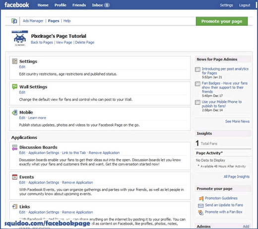 facebook fan page dashboard layout