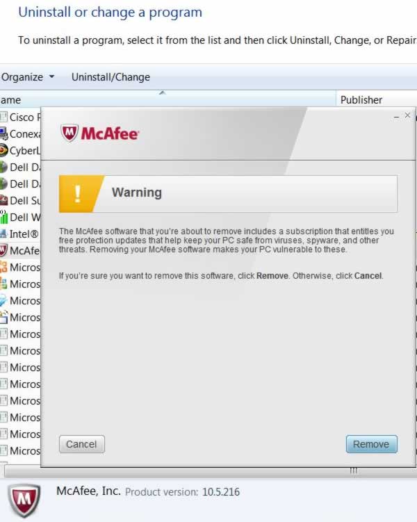 mcafee uninstall warning