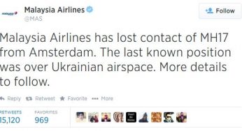 Malaysia Airlines Tweet Reporting Lost Contact with Flight MH17